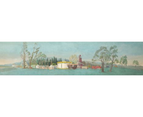 *GWENDOLINE BEATRICE WHITE (1904-1981) A panoramic study of a travelling circus signed lower right, watercolour/gouache, 37cm