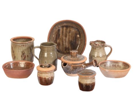 *RICHARD BATTERHAM (1936-2021): A SMALL COLLECTION OF STONEWARE POTTERYcomprising a lidded soup bowl, a barrel-form pot, two 