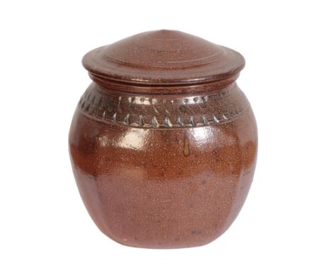 *RICHARD BATTERHAM (1936-2021): A SALT-GLAZE STONEWARE JAR AND COVERwith chatter band, unsigned, incised number "13" to the u