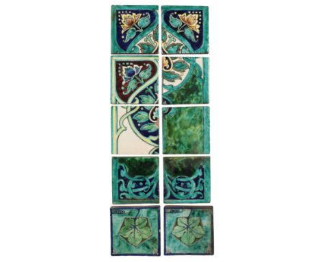 A COLLECTION OF EIGHT MAJOLICA STYLE TILEScreating a near panel; together with two of leaf pattern in a pentagon, all approx.