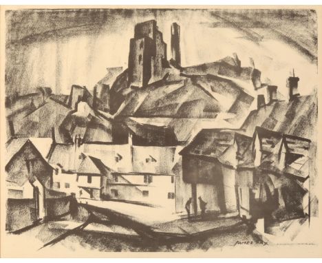*JAMES FRY (1911-1985) View of Corfe Castlewith figures to the foreground, print, 30cm x 39cm