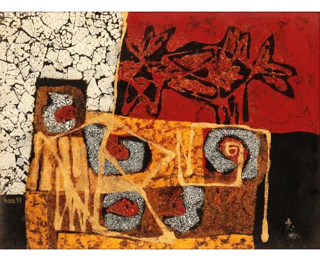 CONG KIM HOA (b.1952) Untitled, 1999 abstract study in gilts, blacks, reds and greys, signed and dated lower left, mixed medi