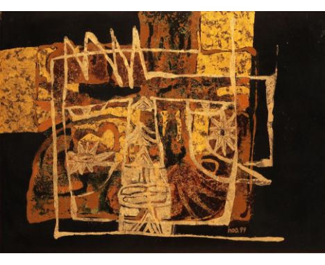 CONG KIM HOA (b.1952) Untitled, 1999 abstract study in gilts, blacks and oranges, signed and dated lower right, mixed media o