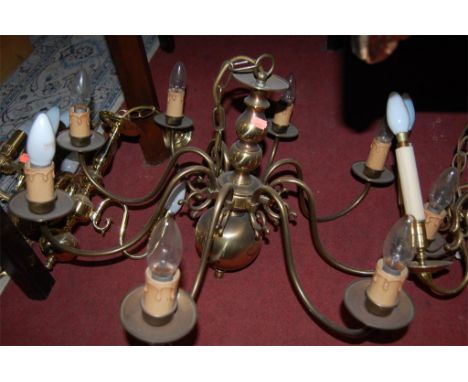A modern Dutch brass hanging eight light electrolier, together with a further Dutch brass six light hanging electrolier, a th