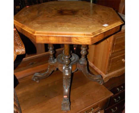 A Victorian figured walnut and floral inlaid octagonal topped pedestal occasional table