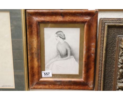 19th C maple framed pencil portrait of a seated lady