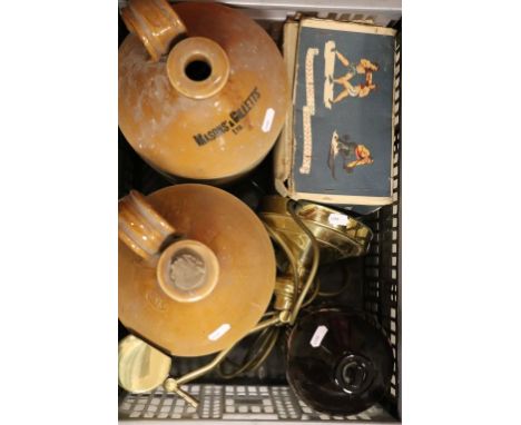 Two stoneware jugs, large brown glass Chemists bottle, boxed cine projector and a Brass desk lamp