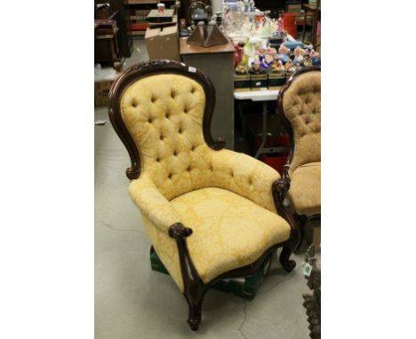Victorian Mahogany and Upholstered Button Back Armchair with Floral Carved Back Rail and Scroll Arms and Legs