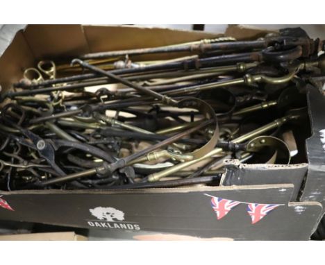 Four Boxes of Fire Tools including Pokers, Brushes, Tongs, Pokers, etc, mainly Brass and Iron