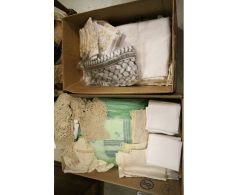 Two boxes of vintage Table Linen to include Middle Eastern embroidery, Tablecloths, napkins etc