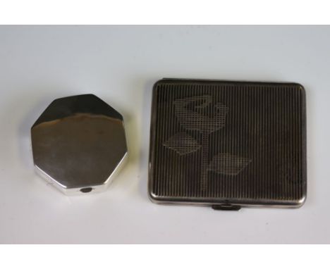 Silver octagonal compact, makers Miller Brothers, London 1926, dimensions 5cm squared, together with a silver plated compact 