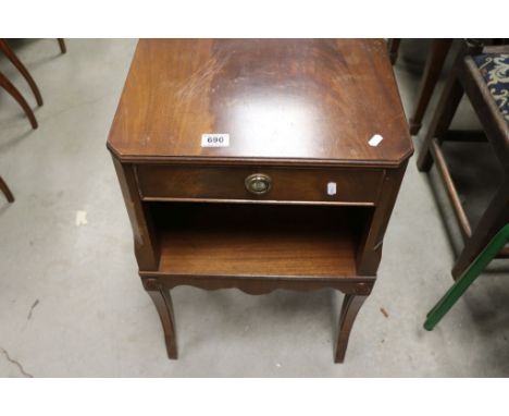 French Style Mahogany Bedside Cabinet with drawer above pot shelf and raised on sabre legs