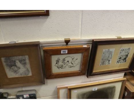 Evadne Rowen pair of London scene woodcuts, a watercolour of Arab with camel and a portrait of mother with infant