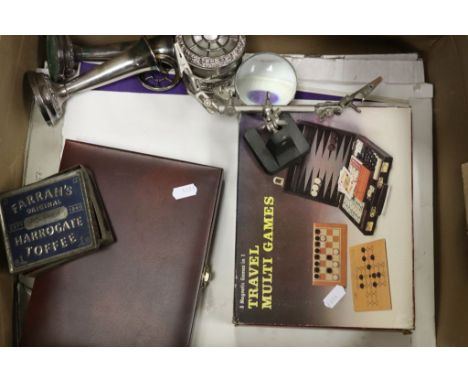 Box of mixed items to include Travel games, tin of vintage Pennies etc