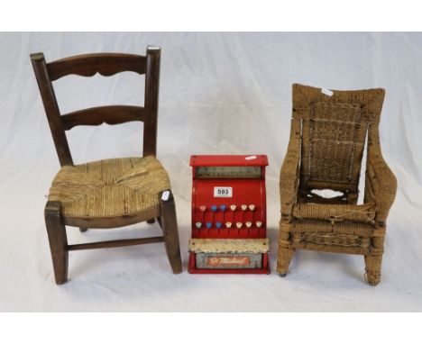 Two Doll's Chairs together with a Vintage St Michael Tin Plate Toy Shop Till