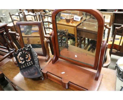 Two 19th century Mahogany Toilet Mirrors together with Small Carved Corner Shelf