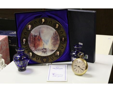 Pair of Murano blue glass Vases, a Pocket watch style Alarm Clock and a Boxed Prudential commemorative plate