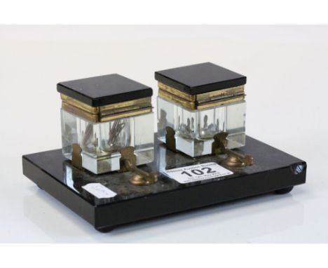 Onyx & Glass double Inkwell with gilt Brass fittings