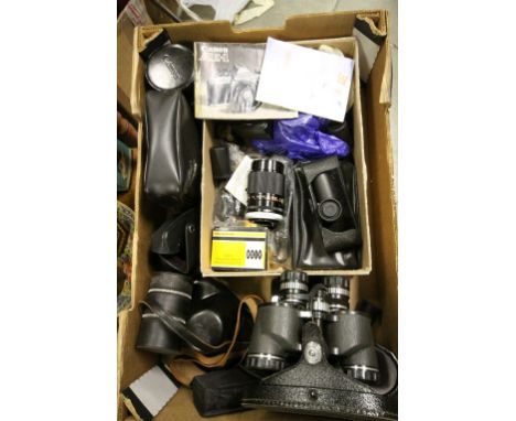 Collection of vintage Cameras, lenses and a cased pair of Binoculars