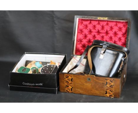 Victorian parquetry inlaid sewing box containing leather cased Treble England tape measure, jewellers' tools in fitted Reid a