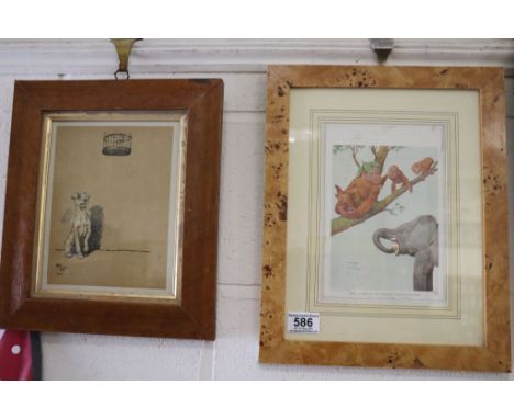 Cecil Aldin circa 1902 A Dog cartoon print and a vintage Lawson Wood print of a monkey