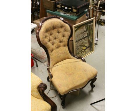 Victorian Mahogany and Upholstered Ladies Button Back Armchair with Carved Back Rail and Scroll Arms and Legs with Ceramic Ca