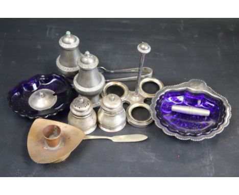 Collection of mixed silver  and silver plate to include silver plated salt and pepper of baluster form, silver plated three p