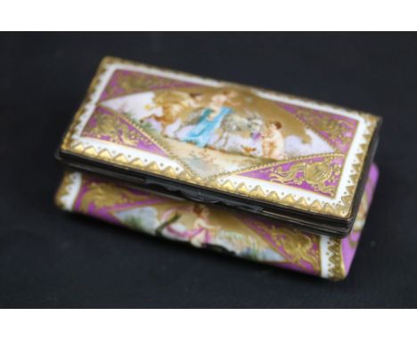 Sevres hand painted rectangular trinket pot and cover, the lid depicting mythical classical scene of faun, putti and goat, ha