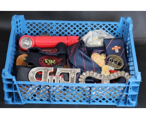 Tray of vintage Post Office and Postman items to include badges, buttons, uniform items, torch etc 
