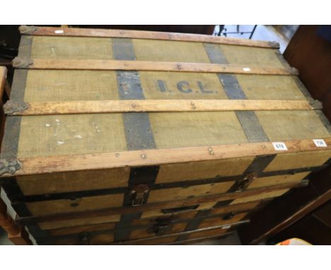 Late 19th / Early 20th century Wooden Bound and Canvas Travelling Trunk with Rope Handles