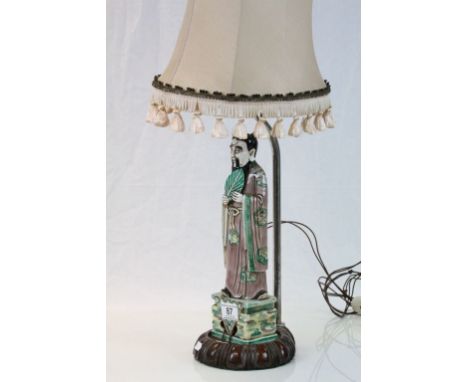 Vintage Lamp with Japanese ceramic figure to base on a Wooden stand
