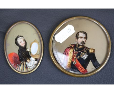 Pair of 19th C portraits of men in military uniform and wife