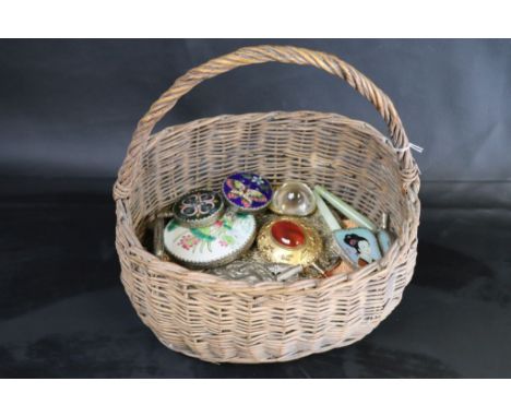 Vintage Wicker Basket with Handle containing a collection of Chinese Hand Mirrors with Jade or Jadeite Handles