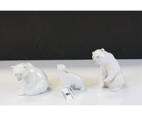 Lladro ceramic Polar bears, models B-15J & A-18J plus a smaller Nao bear