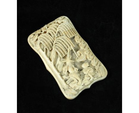 A 19th century Chinese carved ivory visiting card case, one side carved in deep relief with a fisherman talking to a pipe smo