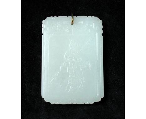 A 19th century pale green jade pendant, of rectangular tablet form carved in relief with a figure on one side armed with a ha