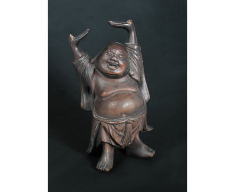 A 19th century ivory card case, enamel matchbox sleeve, chopsticks and wooden Budai figure, the first carved in relief with a