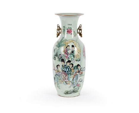 A Chinese Famille Rose vase, Republican Period, painted with figures and precious objects and with calligraphy of poems and t