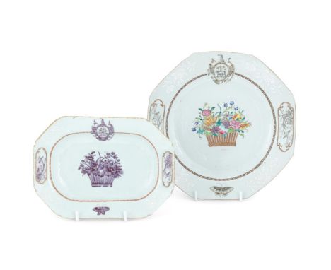 A Chinese Famille Rose octagonal plate, circa 1755-1780, the centre finely painted with a basket of flowers, the en grisaille