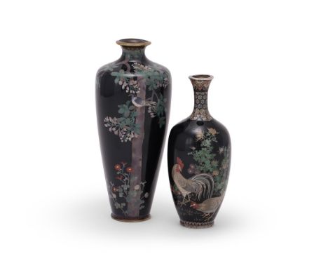 A Japanese Cloisonné Enamel Vase, of tapered cylindrical form with short neck and everted mouth, decorated in silver wire on 