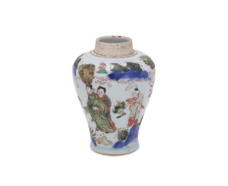 A Chinese Wucai 'Figural' vase, circa 1650, painted in underglaze blue and enamels, 16.5cm high Provenance: The property of a