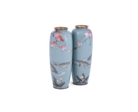Gonda Hirosuke (Attributed to): A Pair of Japanese Cloisonné Enamel Vases, each of slender, ovoid form resting on a slightly 