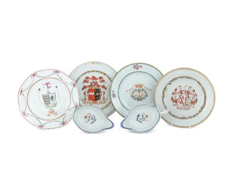 A small group of Chinese Armorial porcelain, Qianlong, comprising: a pair of sauce boats with the Arms of Silvester impaling 