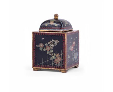 An Unusual Japanese Cloisonné Enamel Vase and Cover, in the manner of Namikawa Yasayuki, the body of cube form resting on fou