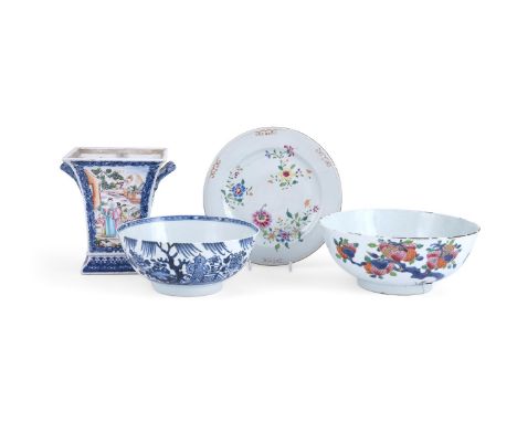 A group of Chinese export porcelain, Qianlong, including a Famille Rose punch bowl, 24cm diameter; a blue and white punch bow