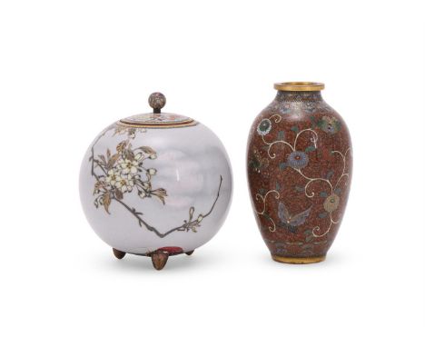 A Japanese Cloisonné Enamel Vase, of ovoid form decorated in gold wired colours on the aventurine ground with butterflies ami