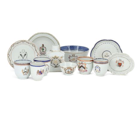 A collection of Chinese Armorial porcelain, Qianlong, comprising: a lobed oval spoon tray with dolphin, James, T12, 10.7cm di