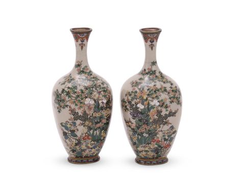 A Pair of Japanese Cloisonné Enamel Vases, each of flattened, tapered, rectangular section on a slightly everted foot and ris
