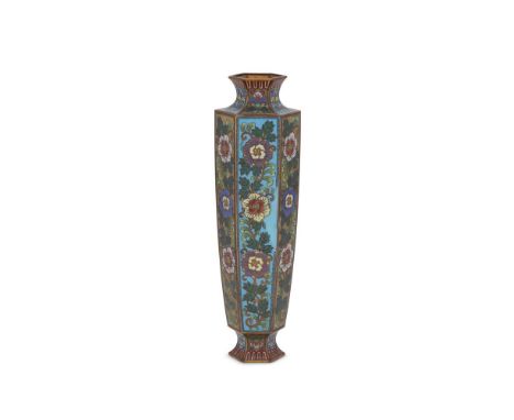 Kumeno Teitaro: A Japanese Cloisonné Enamel Vase, of tapered hexagonal section resting on a splayed hexagonal foot and rising