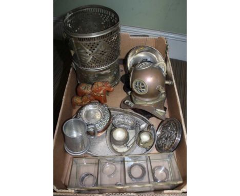 A BOX CONTAING A GOOD SELECTION OF DOMESTIC METALWARES, to include model divers' helmet, some hallmarked silver, etc 
